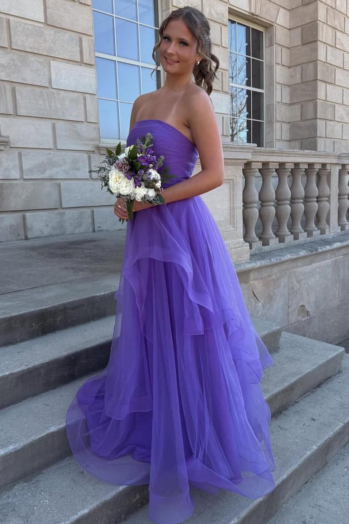 Strapless Ruffles A-Line Sleeveless Empire-Waist Tulle Long Prom Dress