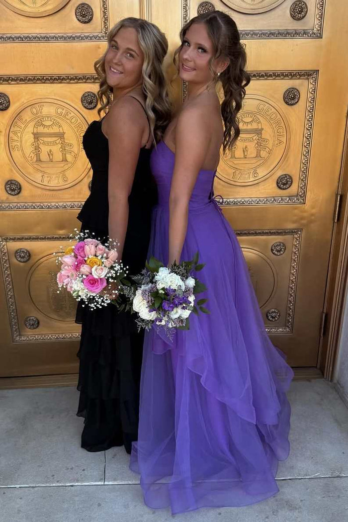 Strapless Ruffles A-Line Sleeveless Empire-Waist Tulle Long Prom Dress