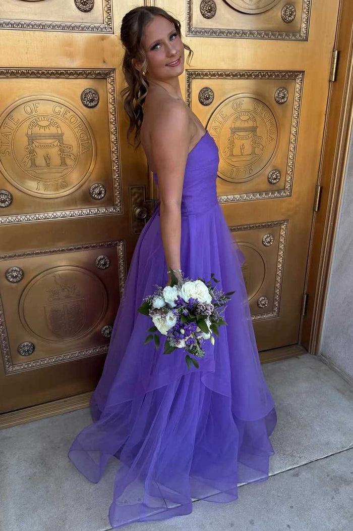 Strapless Ruffles A-Line Sleeveless Empire-Waist Tulle Long Prom Dress
