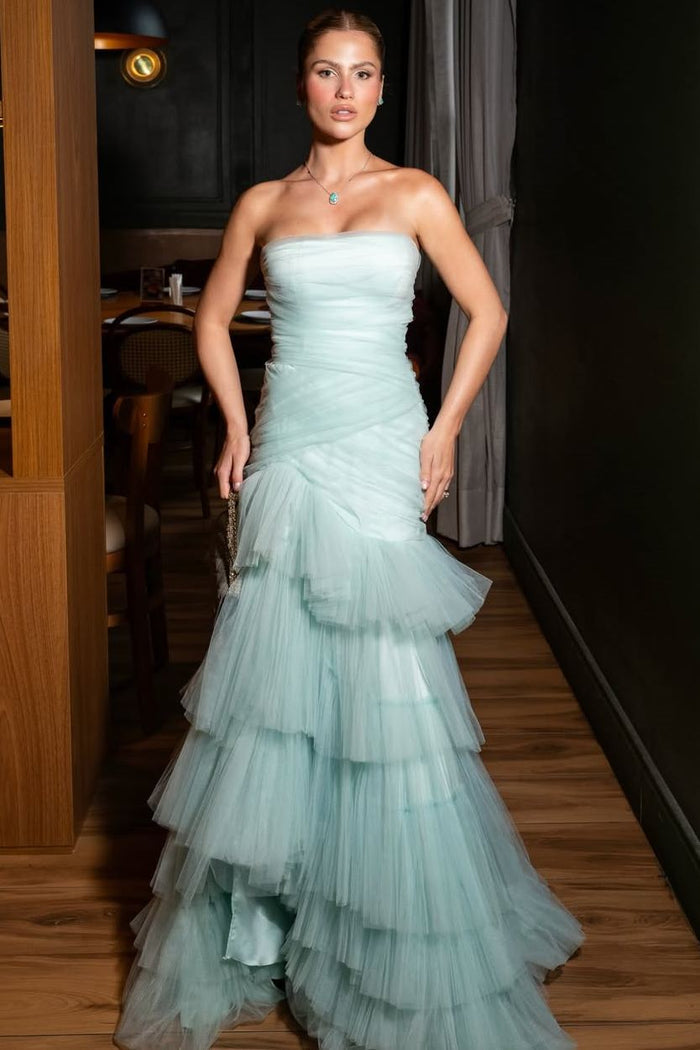 Strapless Ruffles Tulle Sleeveless Pleats Mermaid Prom Dress