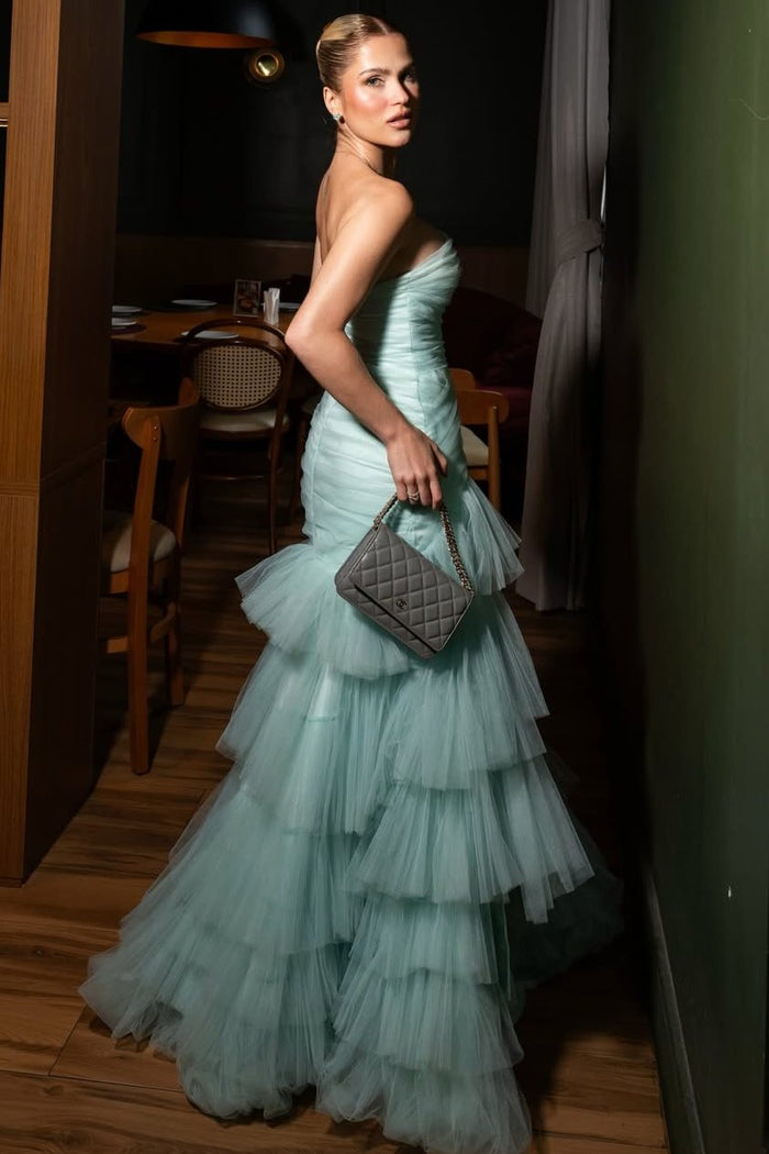 Strapless Ruffles Tulle Sleeveless Pleats Mermaid Prom Dress