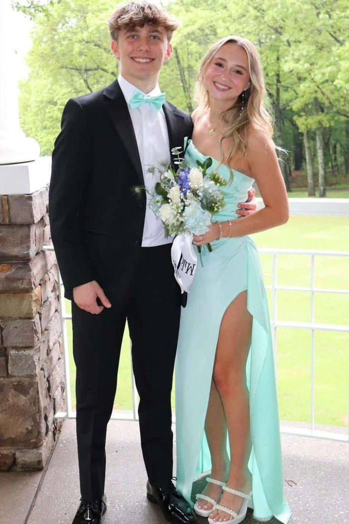 Strapless Satin Pleats Sloping Shoulders High Slit Fitted Formal Prom Dress