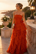Strapless Scoop Neck A-Line Empire-Waist Ruffles Long Prom Dress