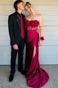 Strapless Scoop Top Appliques Mermaid Prom Dress with Side Slit
