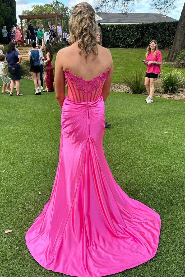 Strapless Scoop Top Appliques Mermaid Prom Dress with Side Slit