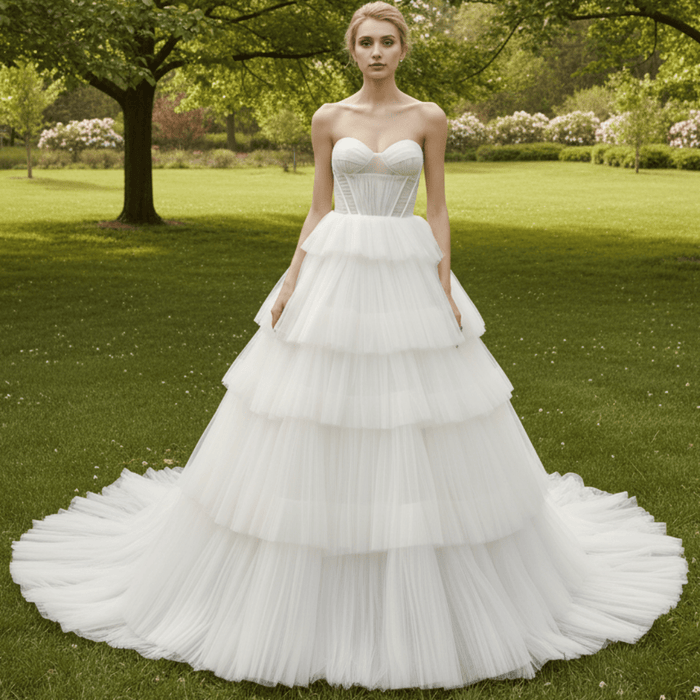 Strapless Sweetheart Ball Gown Layered Tulle Skirt Wedding Dress - Rosymae
