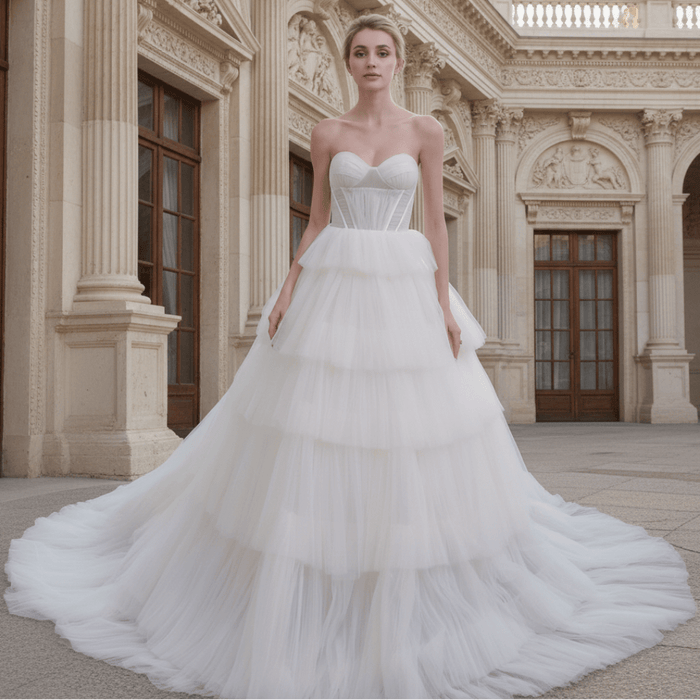 Strapless Sweetheart Ball Gown Layered Tulle Skirt Wedding Dress - Rosymae