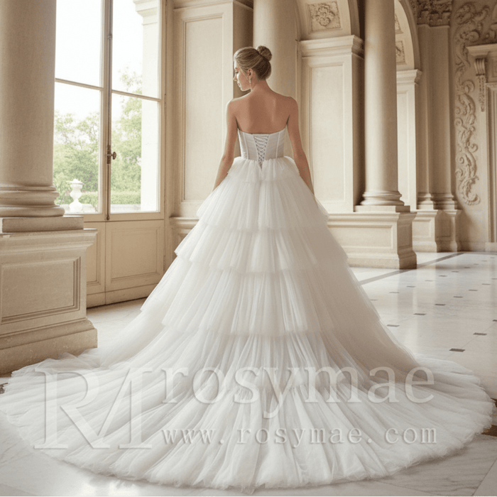 Strapless Sweetheart Ball Gown Layered Tulle Skirt Wedding Dress - Rosymae