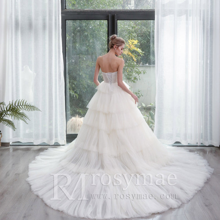 Strapless Sweetheart Ball Gown Layered Tulle Skirt Wedding Dress - Rosymae