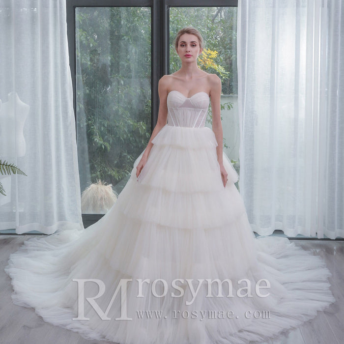 Strapless Sweetheart Ball Gown Layered Tulle Skirt Wedding Dress - Rosymae