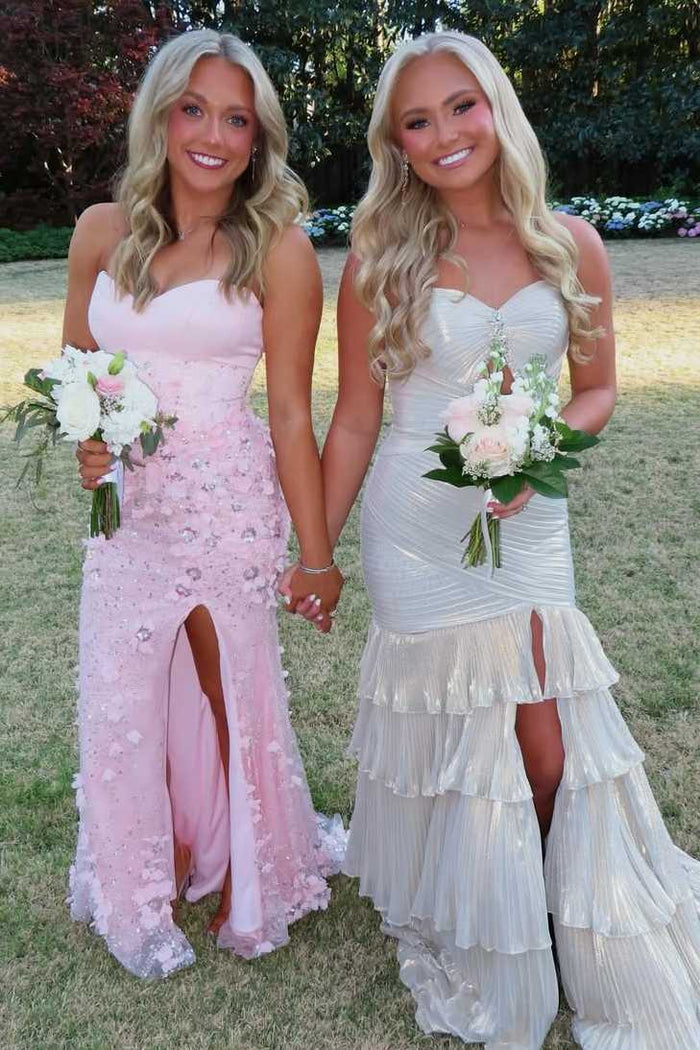 Strapless Sweetheart Metallic Mermaid Ruffles Prom Dress with Slit