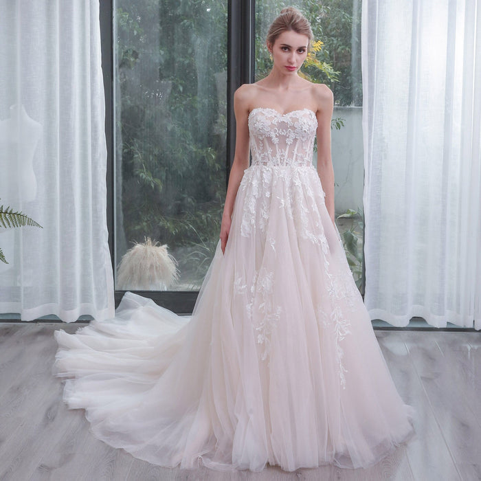 Strapless Sweetheart Neckline Princess Tulle Wedding Dress - Rosymae