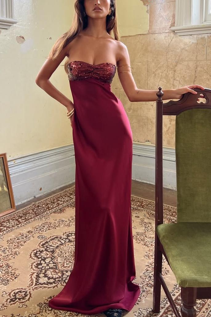 Strapless Sweetheart Sleeveless Satin Long Formal Prom Dress with Sequins
