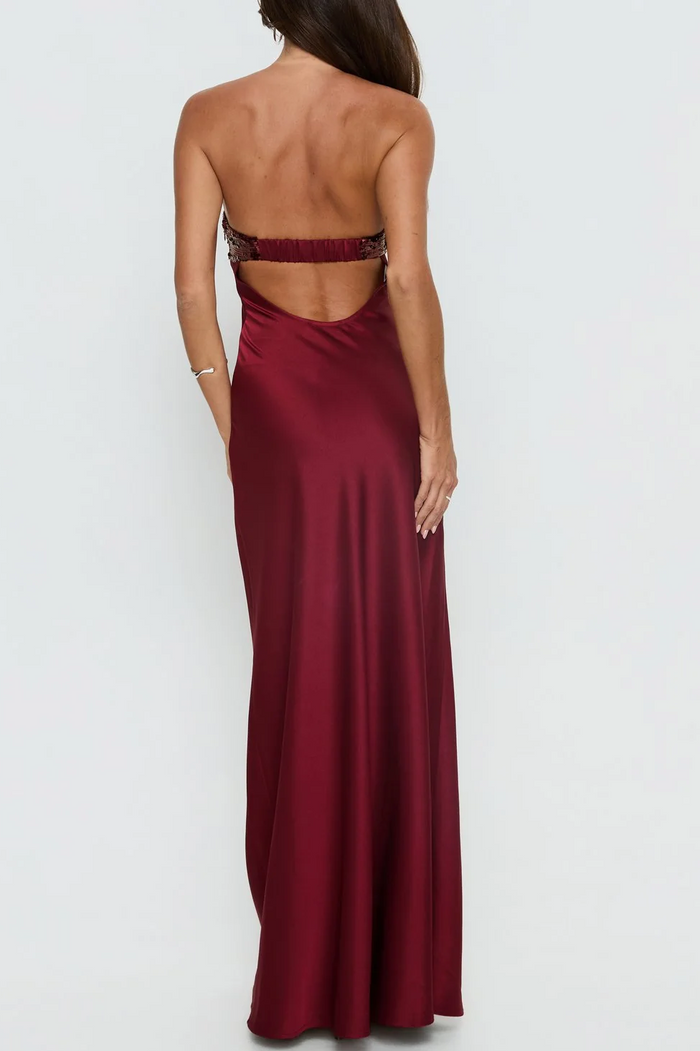 Strapless Sweetheart Sleeveless Satin Long Formal Prom Dress with Sequins