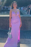 Strapless V-Neck Appliques Pleated Side Slit Mermaid Long Prom Dress