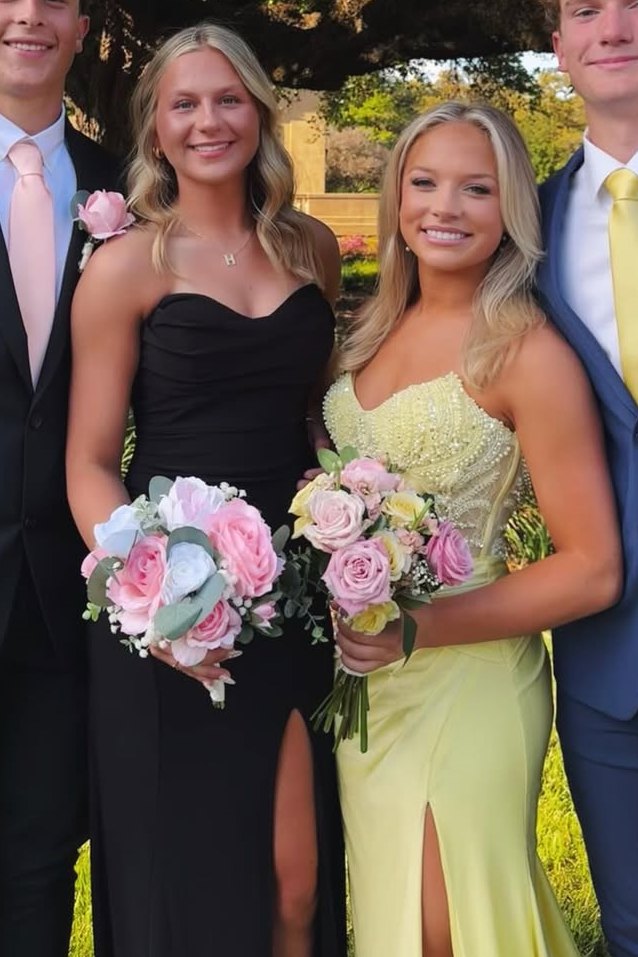 Strapless V-Neck Beads Sleeveless Pleats High Slit Long Prom Dress