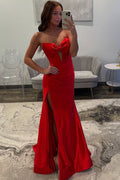 Strapless V-Neck Bow Satin Pleated Side Slit Long Prom Dress