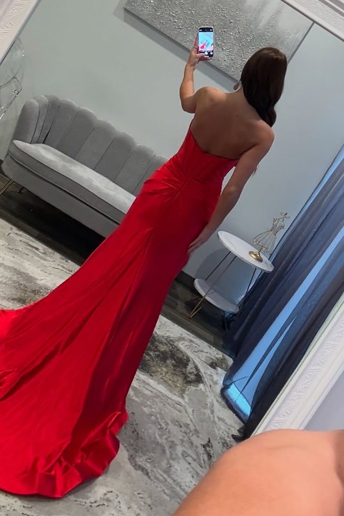 Strapless V-Neck Bow Satin Pleated Side Slit Long Prom Dress