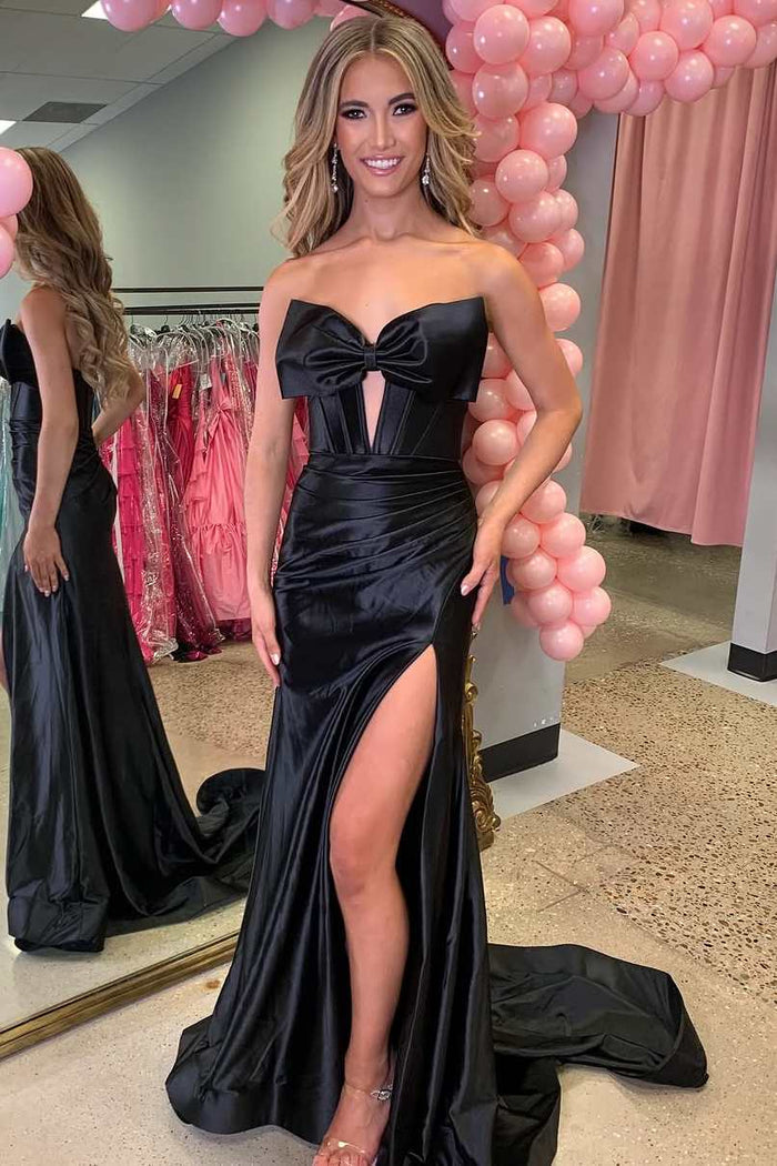Strapless V-Neck Bow Satin Pleated Side Slit Long Prom Dress