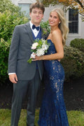 Strapless V-Neck Lace Appliques Sleeveless Mermaid Long Prom Dress