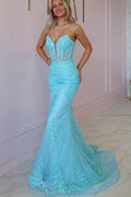 Strapless V-Neck Mermaid Lace Appliques Sleeveless Prom Dress