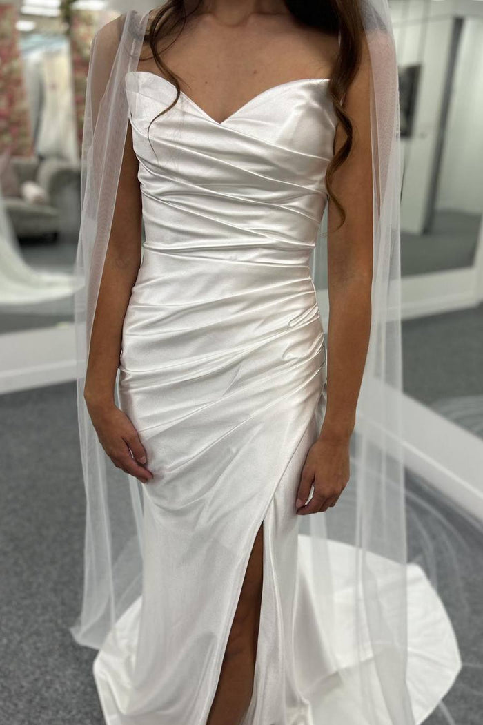 Strapless V-Neck Mermaid Satin Pleated Beach Wedding Dress with Slit
