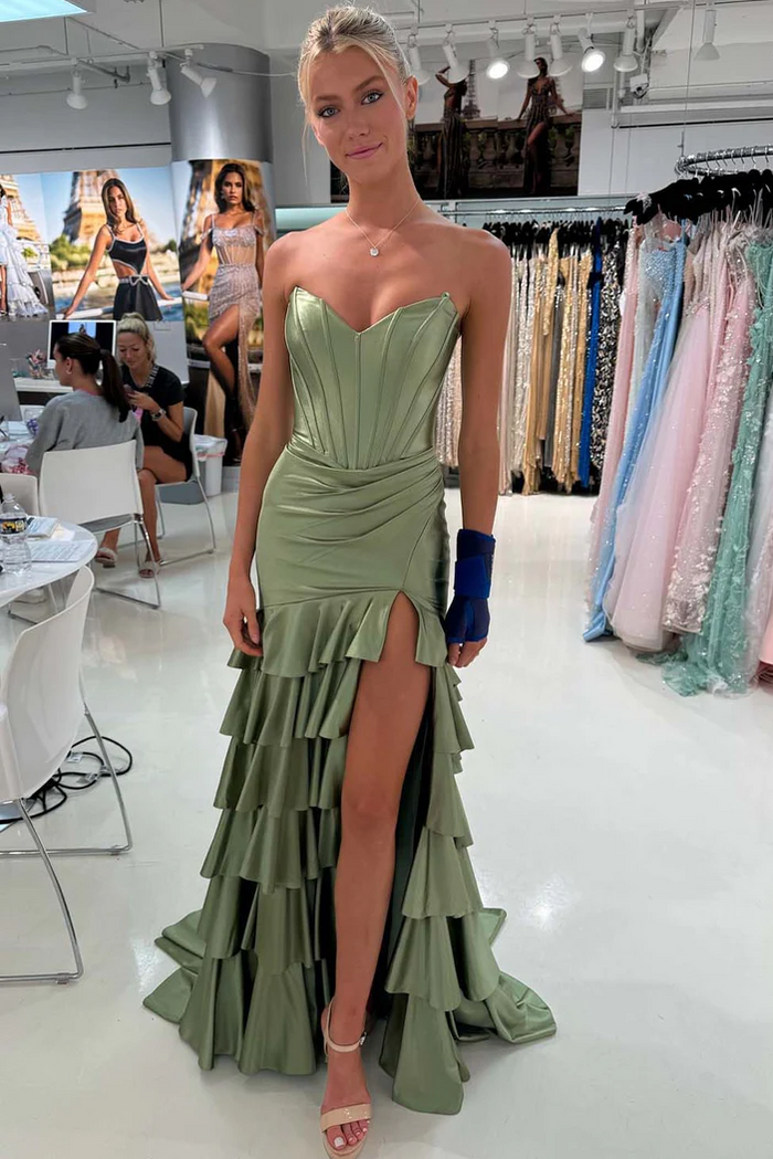 Strapless V-Neck Pleated Satin Layered Long Prom Dress with Slit