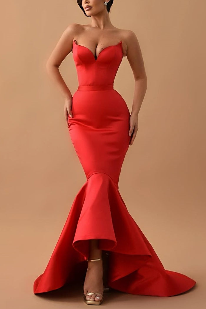 Strapless V-Neck Sleeveless Satin Mermaid Pleated Long Prom Dress