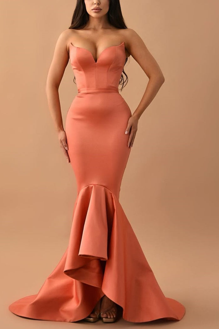 Strapless V-Neck Sleeveless Satin Mermaid Pleated Long Prom Dress