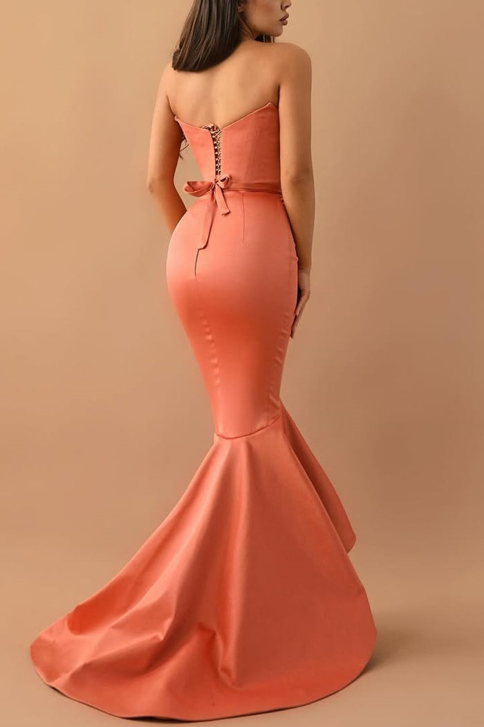 Strapless V-Neck Sleeveless Satin Mermaid Pleated Long Prom Dress