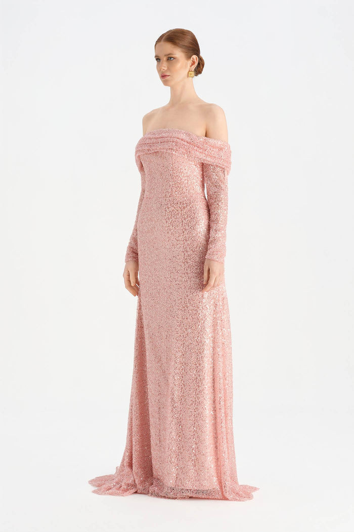 Omuz Dekolteli Taşlı Abiye - 26051C - PEMBE