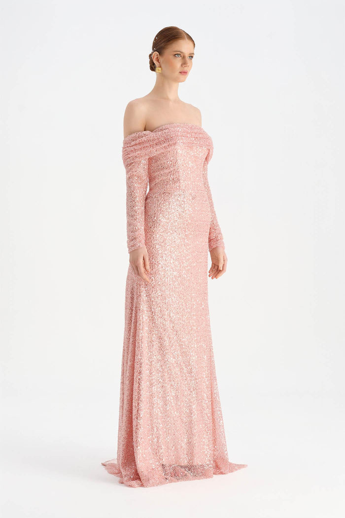 Omuz Dekolteli Taşlı Abiye - 26051C - PEMBE