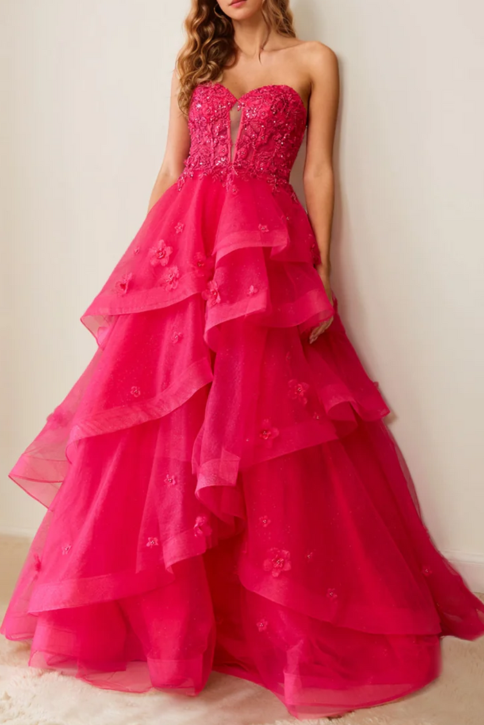 Stunning A-Line Strapless Ruffles Appliques Empire-Waist Long Prom Dress