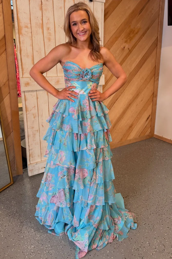 Stunning A-Line Strapless V-Neck Print Chiffon Ruffles Prom Dress