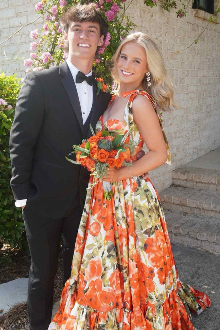Stunning A-Line Straps Empire-Waist Print Sleeveless Long Prom Dress