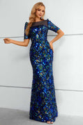 Stunning Blue Sequin Short Sleeve Mermaid Long Evening Dress