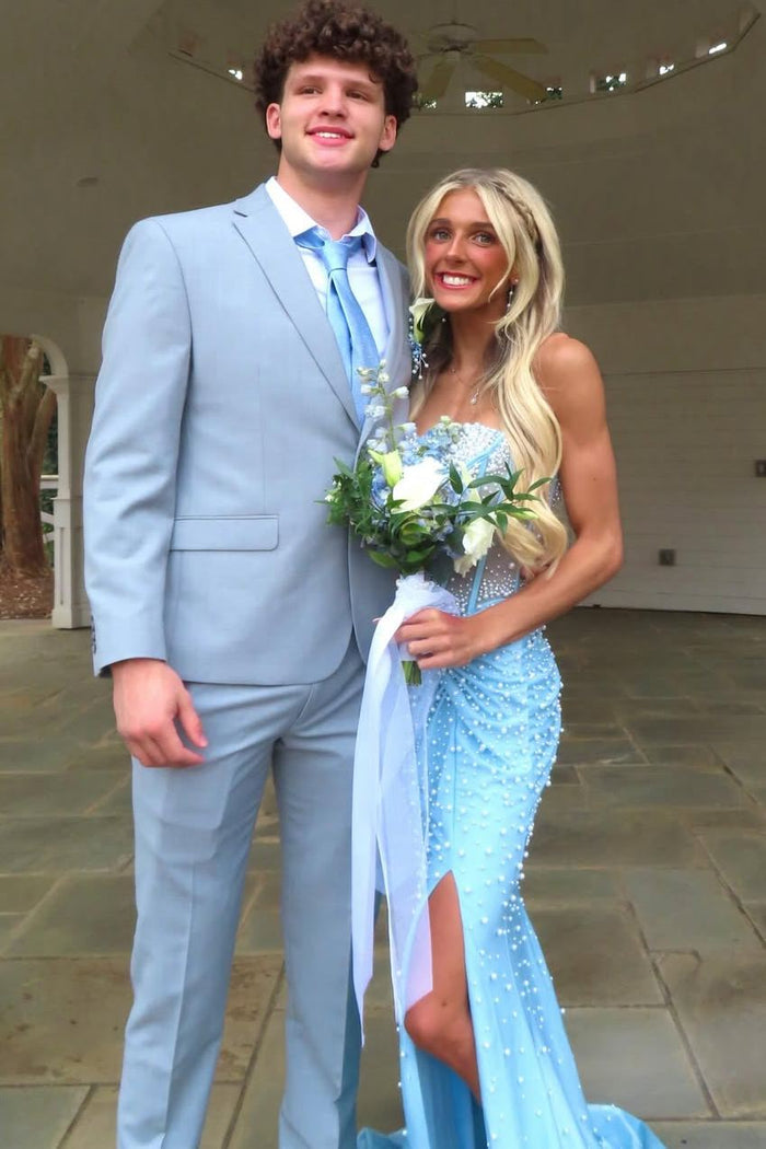 Stunning Blue Strapless Beaded Sleeveless Pleats Mermaid Long Prom Dress