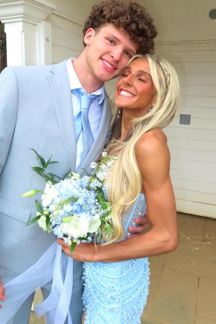 Stunning Blue Strapless Beaded Sleeveless Pleats Mermaid Long Prom Dress