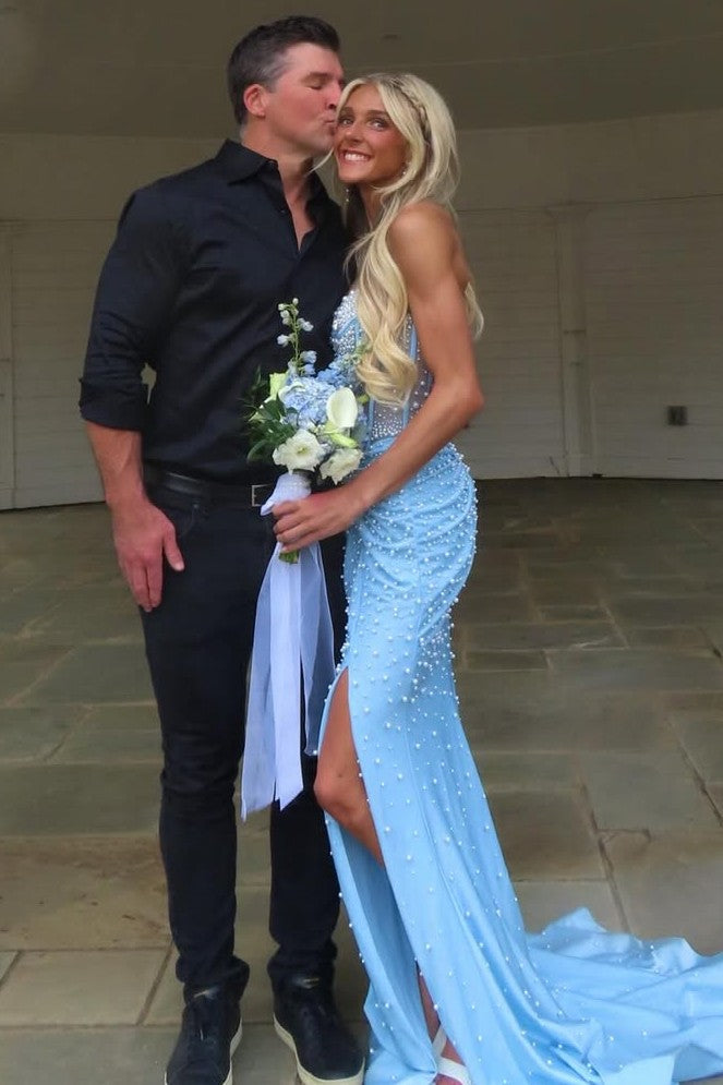 Stunning Blue Strapless Beaded Sleeveless Pleats Mermaid Long Prom Dress