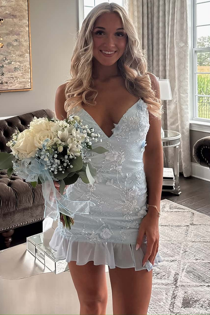 Stunning Blue V-Neck Appliques Sleeveless Ruffles Mini Homecoming Dress