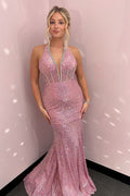 Stunning Halter V-Neck Sequined Beads Mermaid Long Prom Dress