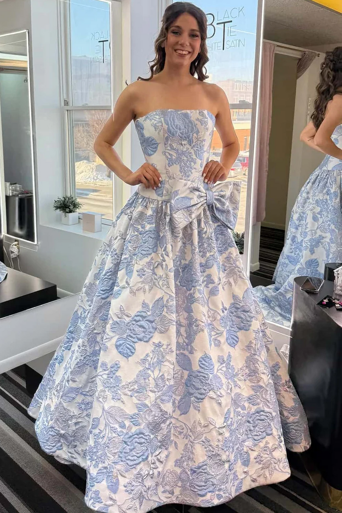 Pink Strapless A-Line Empire-Waist Sleeveless Jacquard Long Prom Dress with Pearls