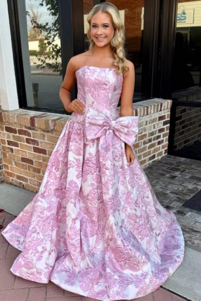 Stunning Jacquard Strapless Empire-Waist A-Line Long Prom Dress with Bow
