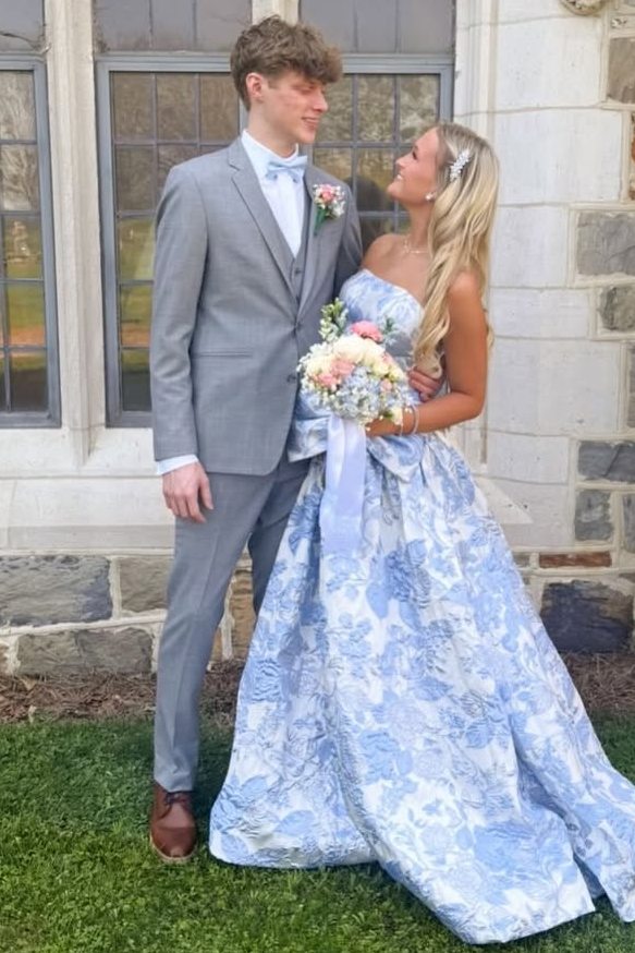 Stunning Jacquard Strapless Empire-Waist A-Line Long Prom Dress with Bow