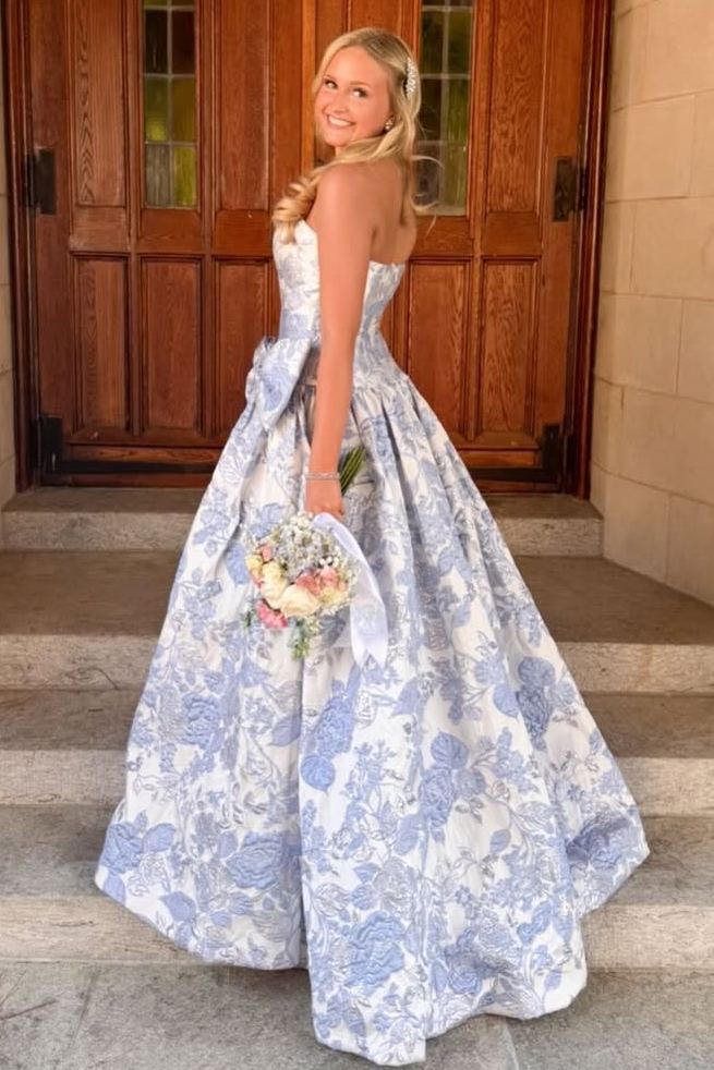 Stunning Jacquard Strapless Empire-Waist A-Line Long Prom Dress with Bow