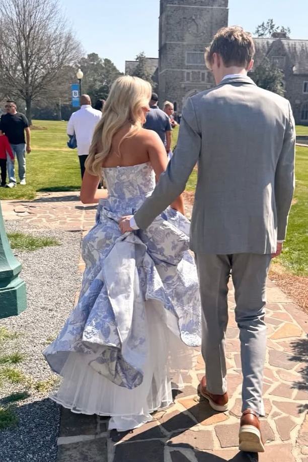Stunning Jacquard Strapless Empire-Waist A-Line Long Prom Dress with Bow