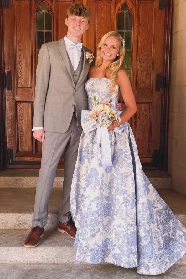 Stunning Jacquard Strapless Empire-Waist A-Line Long Prom Dress with Bow