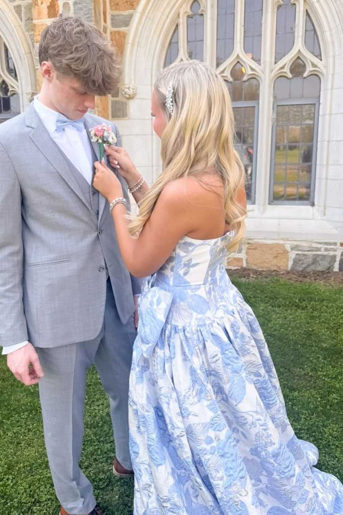 Stunning Jacquard Strapless Empire-Waist A-Line Long Prom Dress with Bow