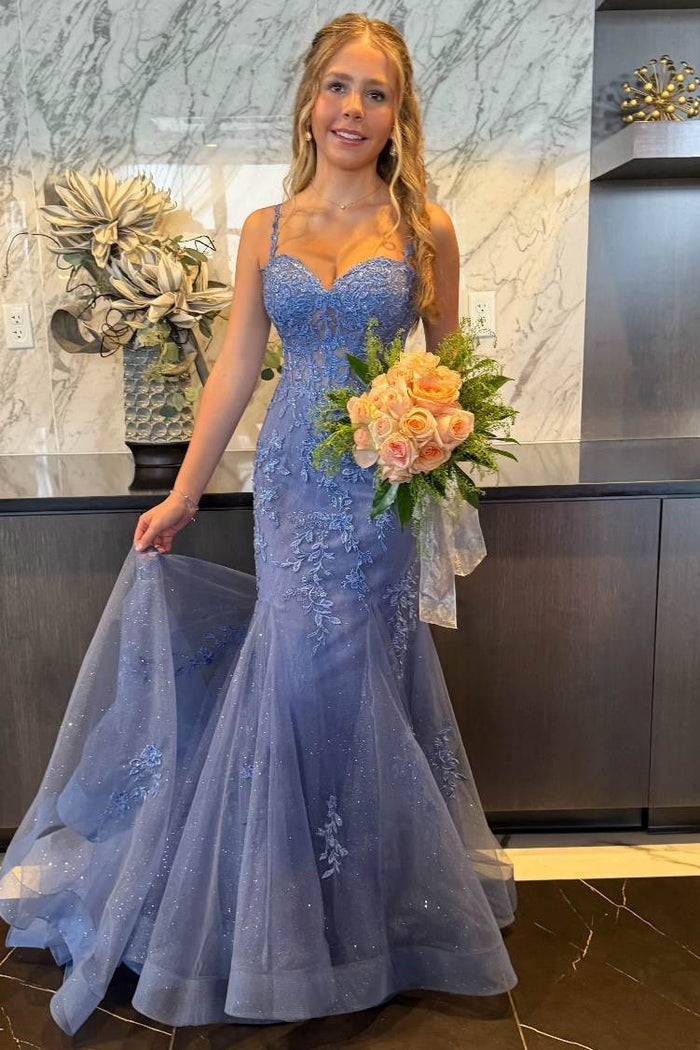 Stunning Mermaid Sweetheart Lace Appliques Sleeveless Tulle Prom Dress