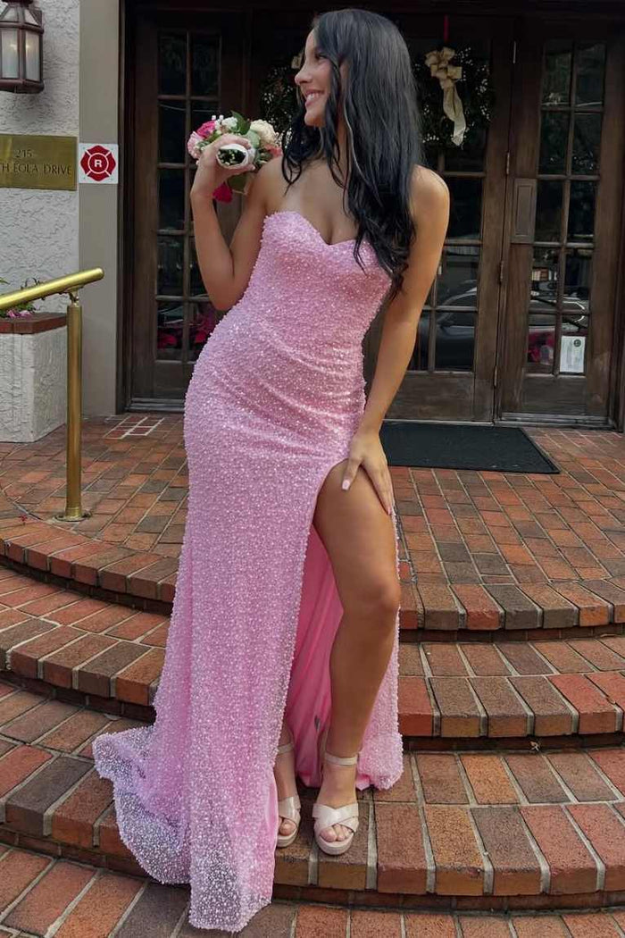 Stunning Pink Strapless Glitter Sweetheart High Slit Long Prom Dress